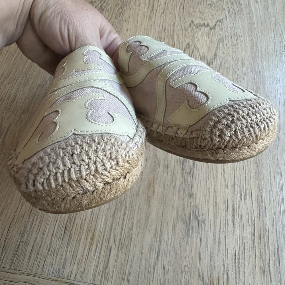 $298 NWOT TORY BURCH Espadrille Loafers Pink w/Cream Patent‎ Leather Logo SZ 9.5